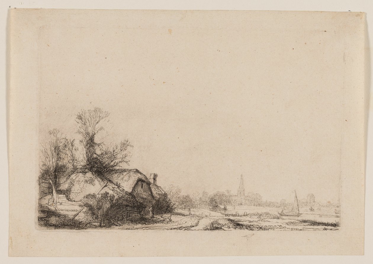 Sommerhus ved siden af en kanal med udsigt over Ouderkerk af Rembrandt van Rijn