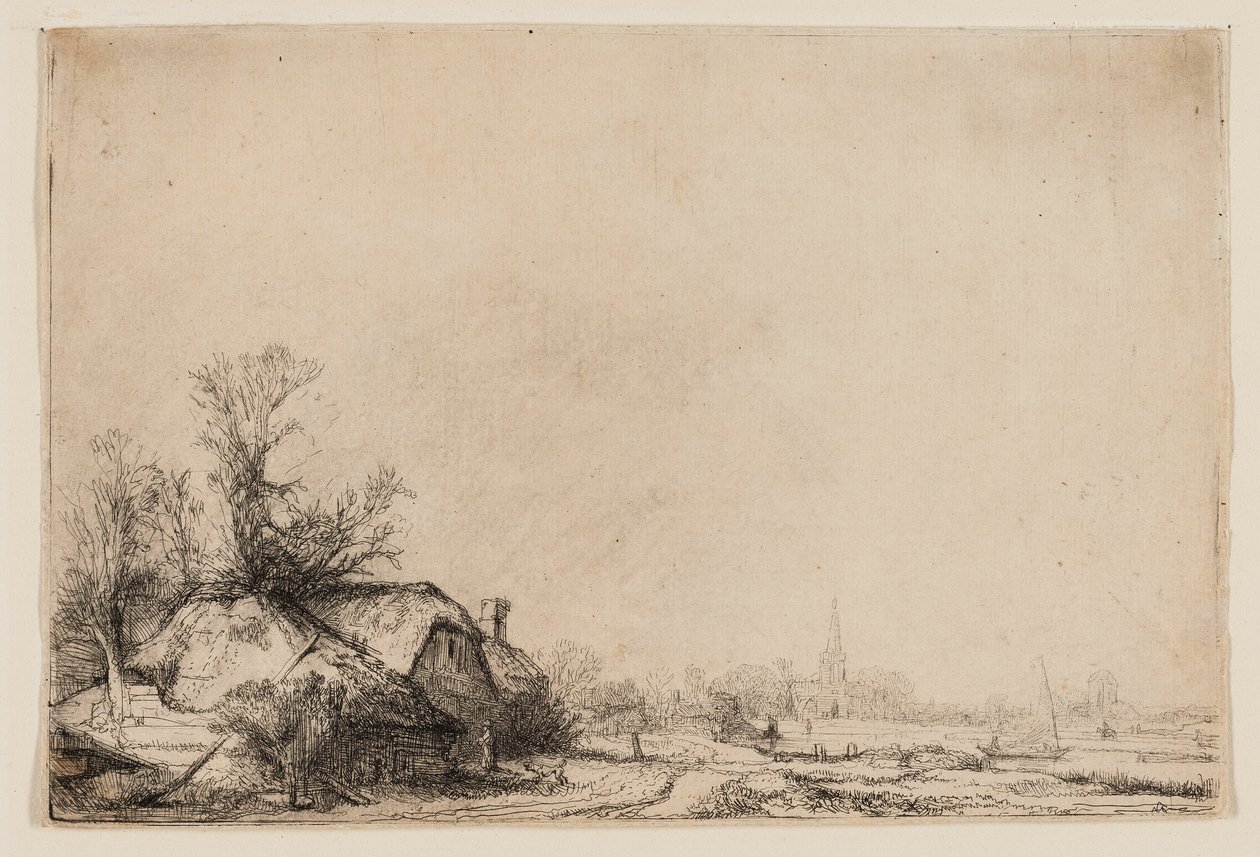 Sommerhus ved siden af en kanal med udsigt over Ouderkerk af Rembrandt van Rijn