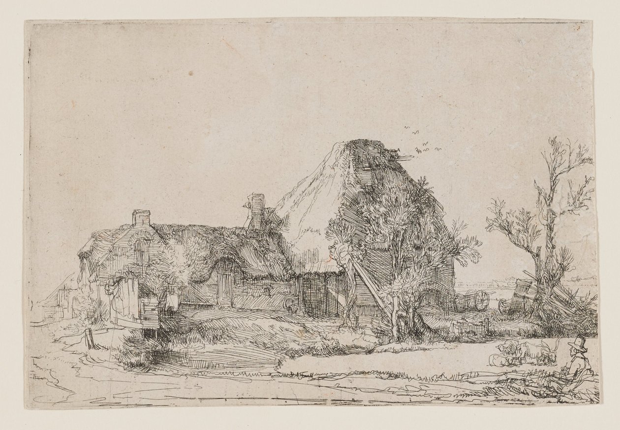 Hytte og landbrugsbygninger med en mand, der tegner af Rembrandt van Rijn