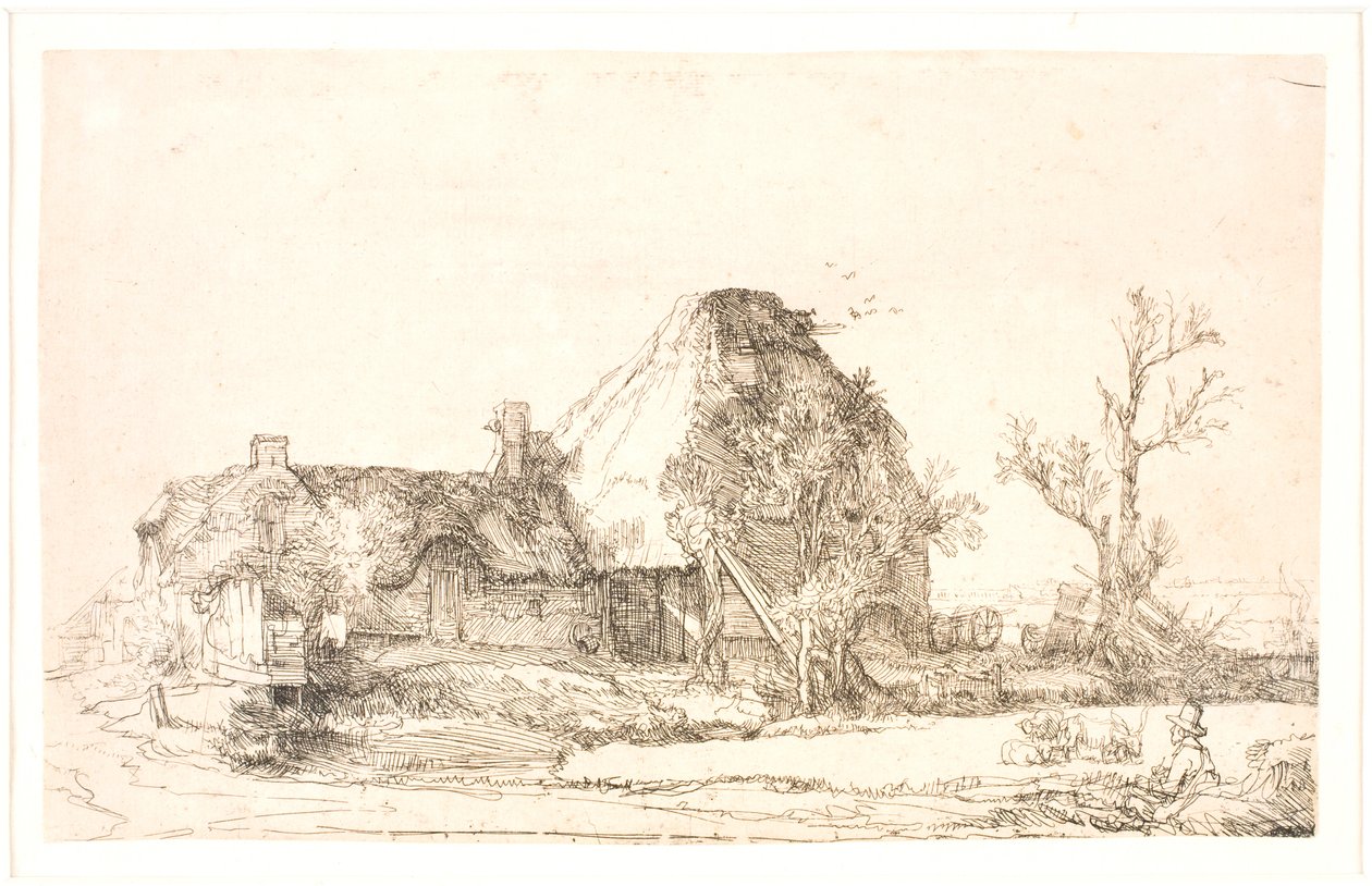 Sommerhus og landbrugsbygninger med en mand, der tegner af Rembrandt van Rijn
