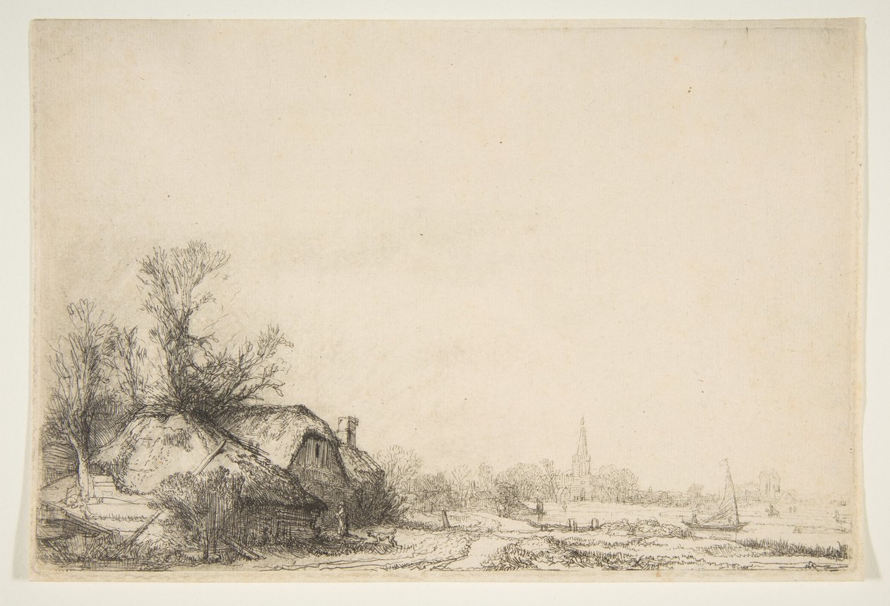Sommerhus ved siden af en kanal med udsigt over Ouderkerk, ca. 1641. af Rembrandt van Rijn