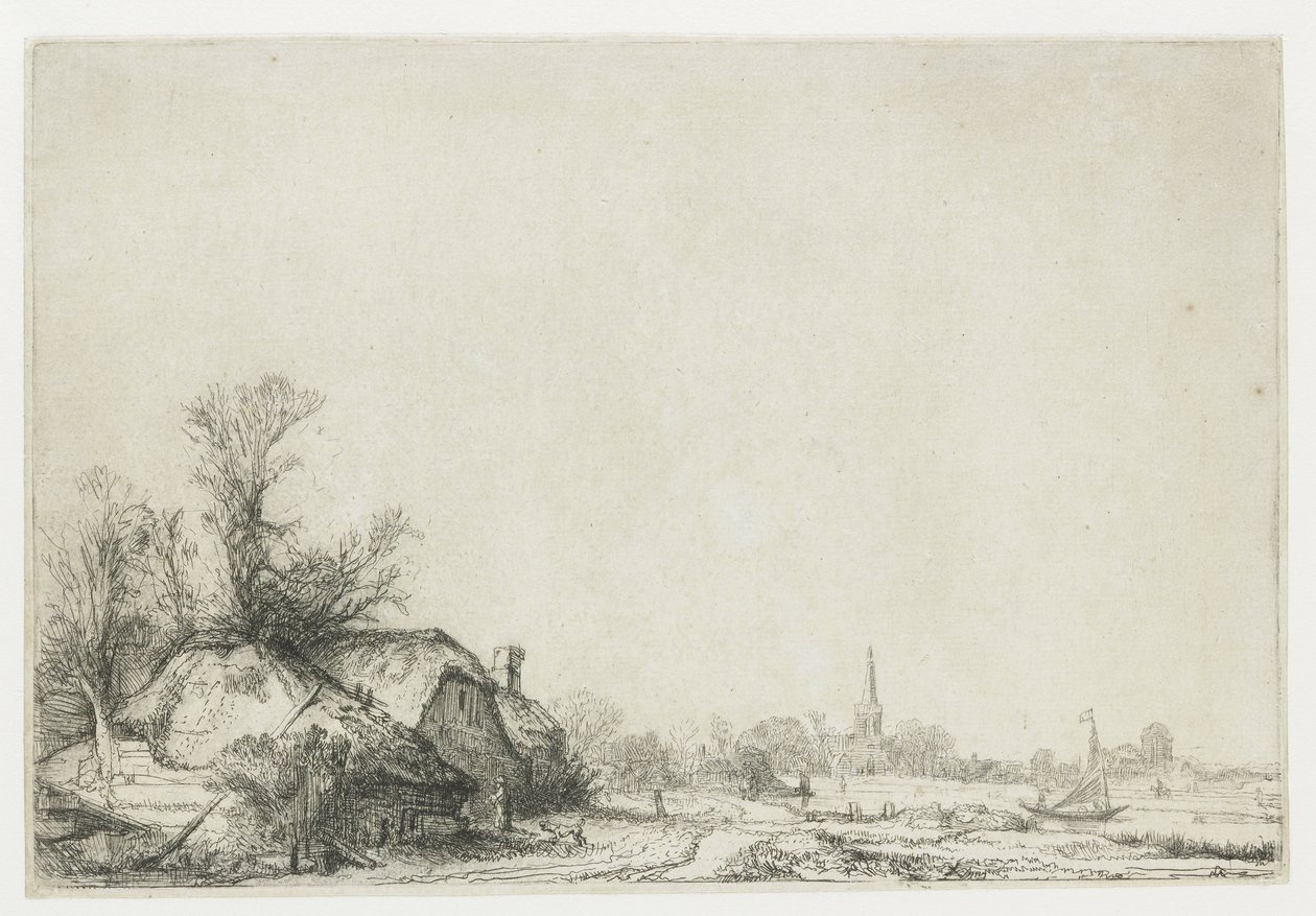 Sommerhus ved siden af en kanal med udsigt over Ouderkerk af Rembrandt van Rijn