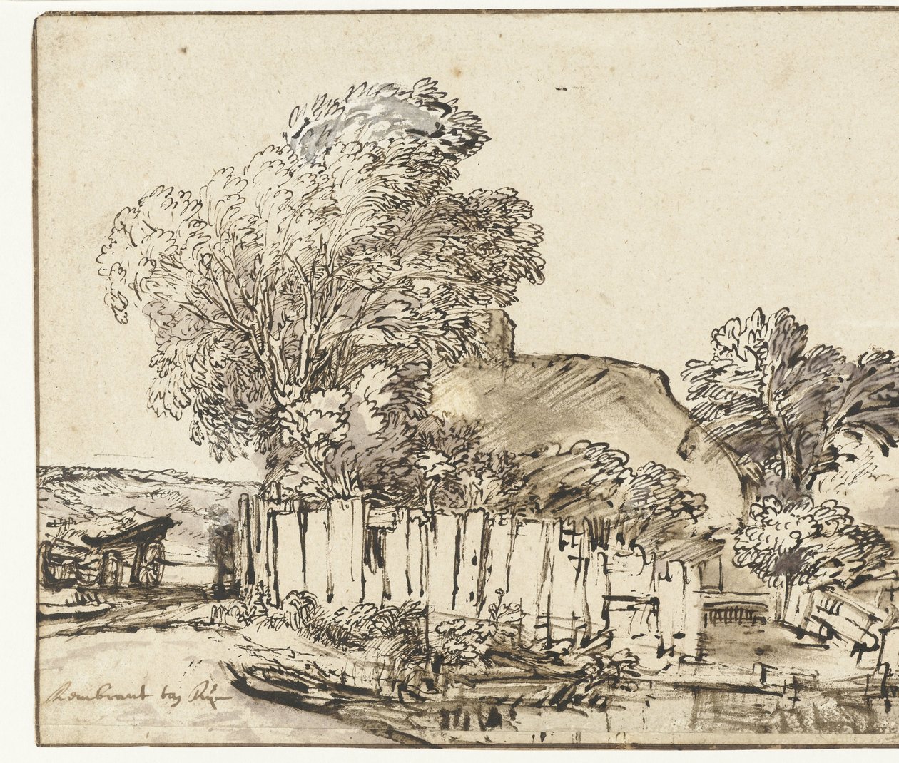 Sommerhus med hvid blegning blandt træer af Rembrandt van Rijn