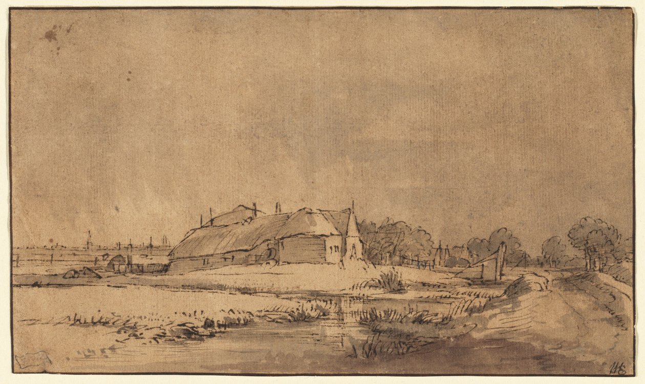Hytter og lade ved siden af en vej af Rembrandt van Rijn