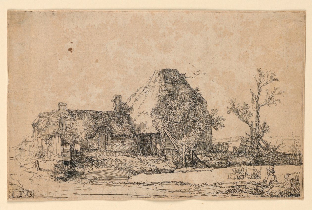 Hytter og landbrugsbygning med en mand, der tegner af Rembrandt van Rijn