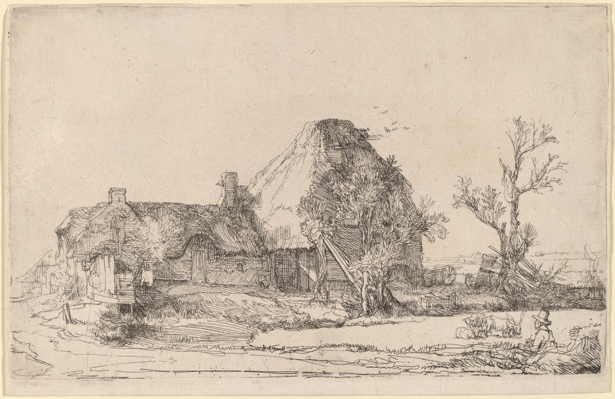 Hytter og landbrugsbygninger med en mand, der tegner af Rembrandt van Rijn