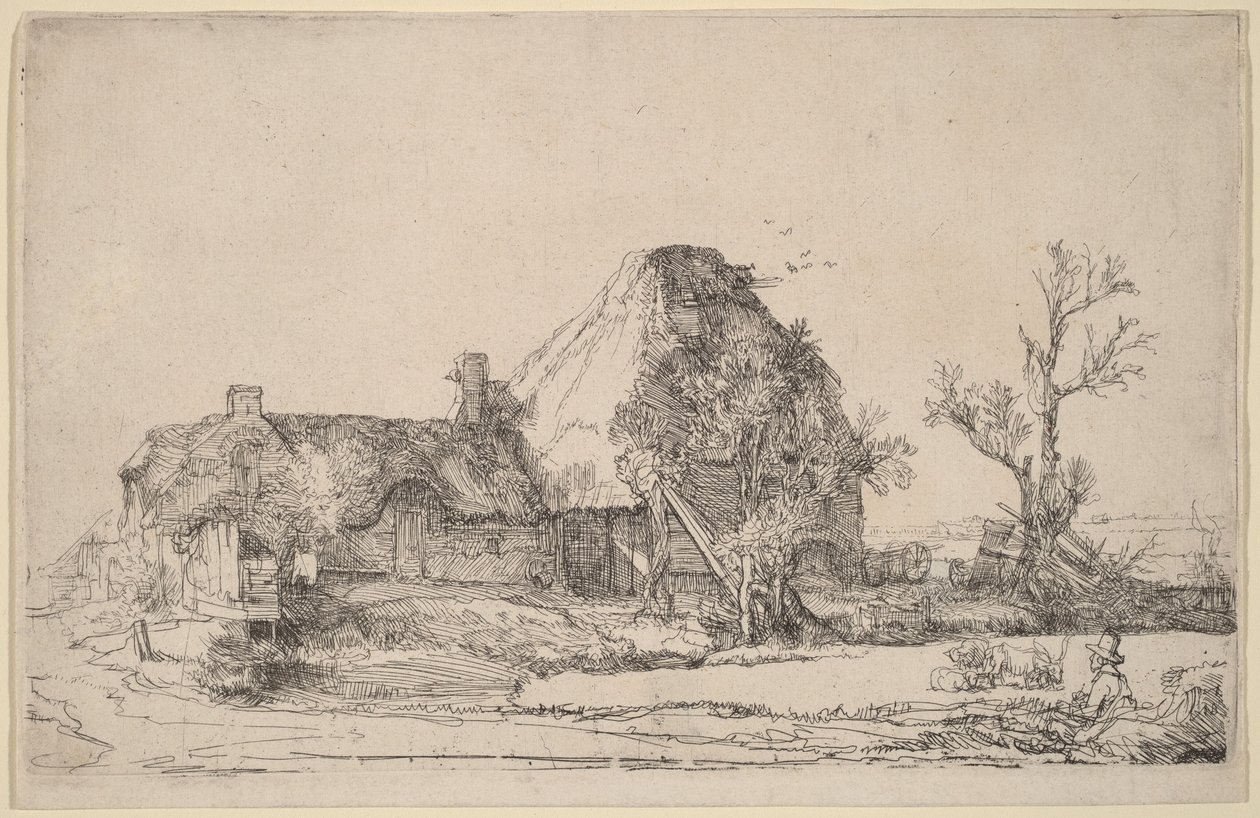 Hytter og landbrugsbygninger med en mand, der tegner af Rembrandt van Rijn