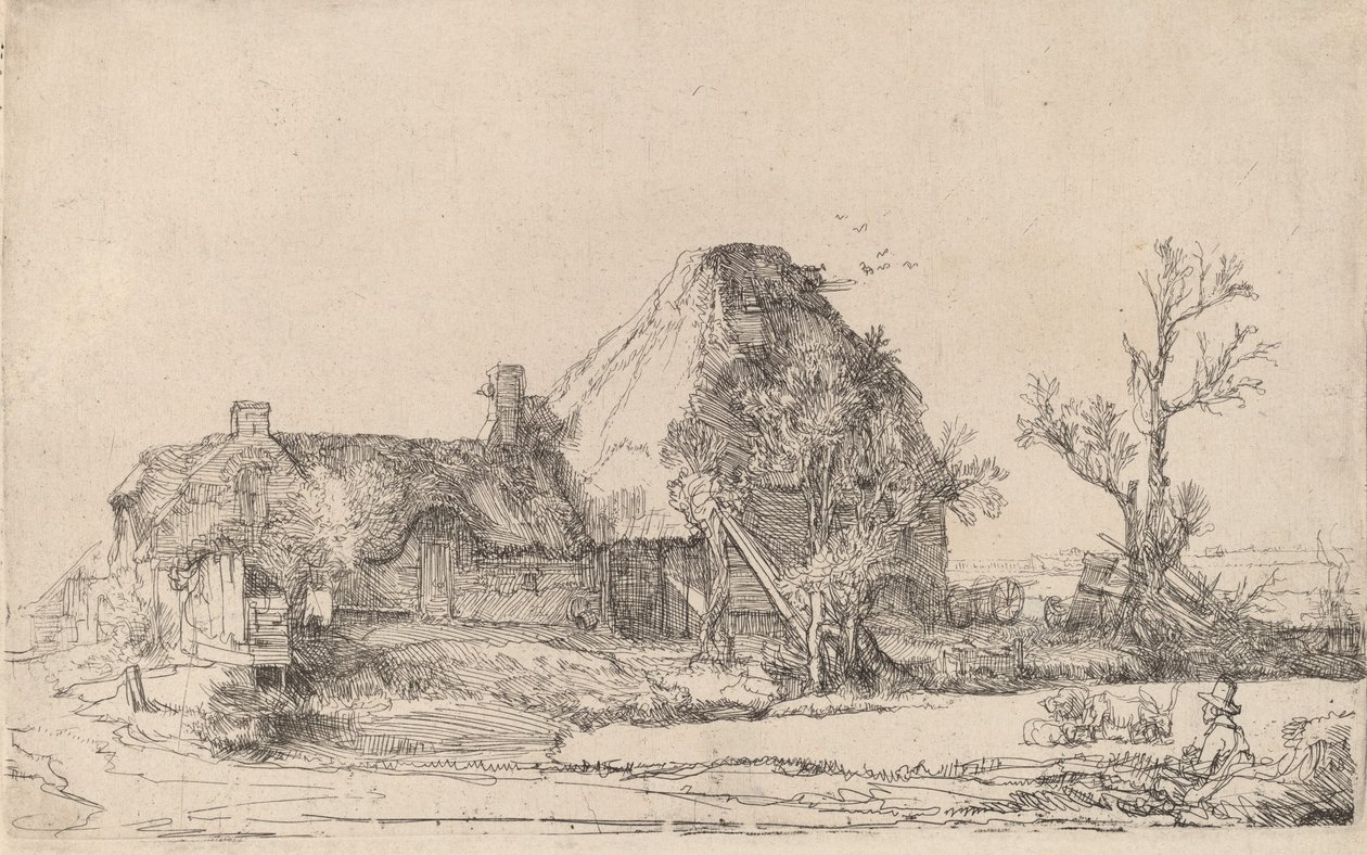 Hytter og landbrugsbygninger med en mand, der tegner, ca. 1645. af Rembrandt van Rijn