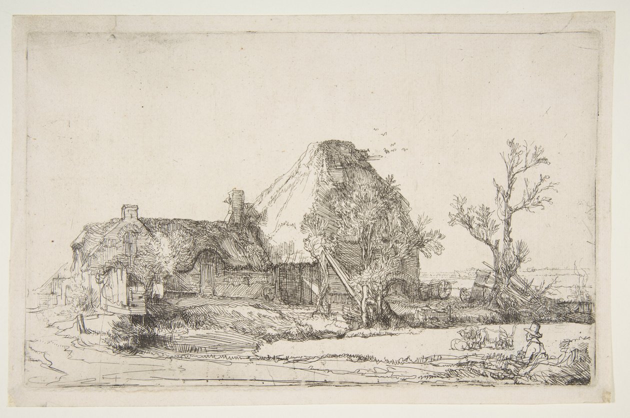 Hytter og landbrugsbygninger med en mand, der tegner, ca. 1645. af Rembrandt van Rijn
