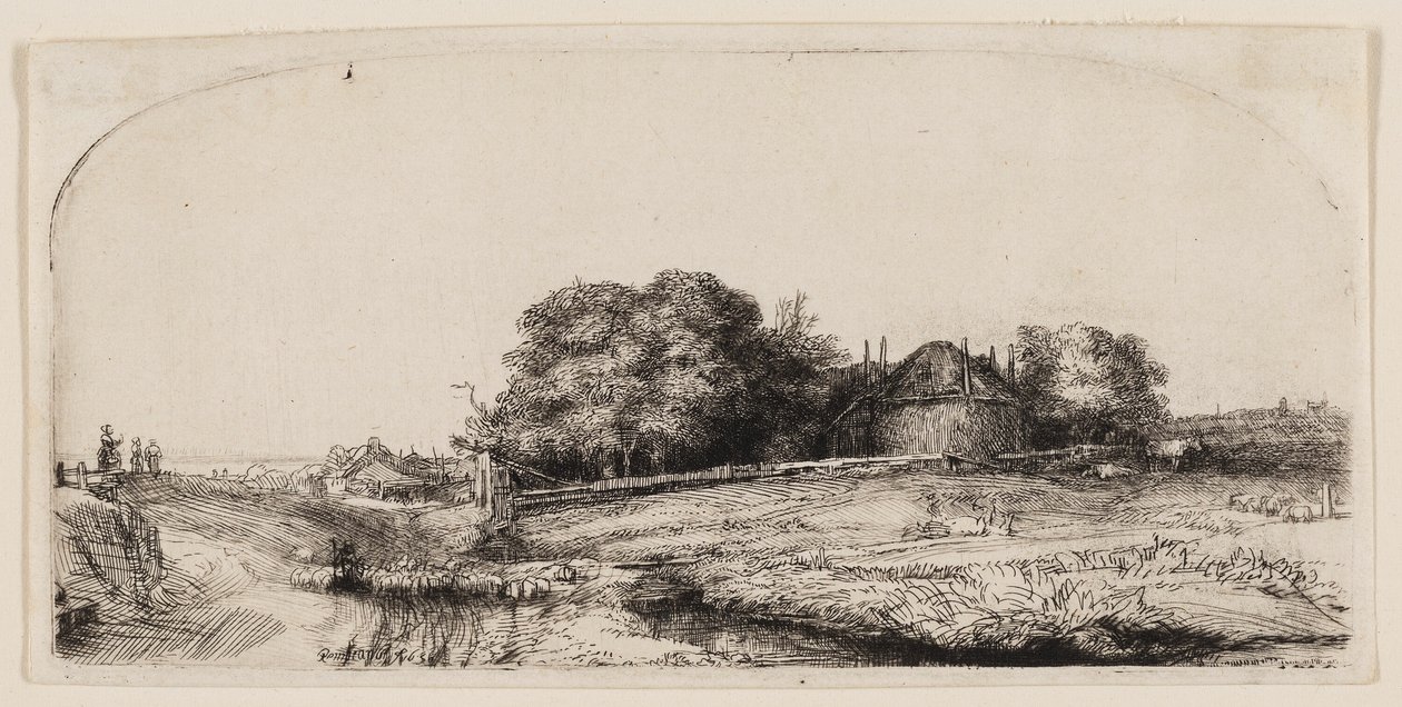 Hytter og en hølade på Diemerdijk med en flok får af Rembrandt van Rijn