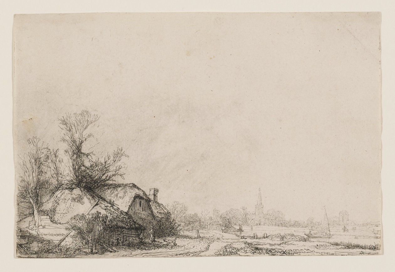 Hytter ved en kanal med en kirke og en sejlbåd af Rembrandt van Rijn