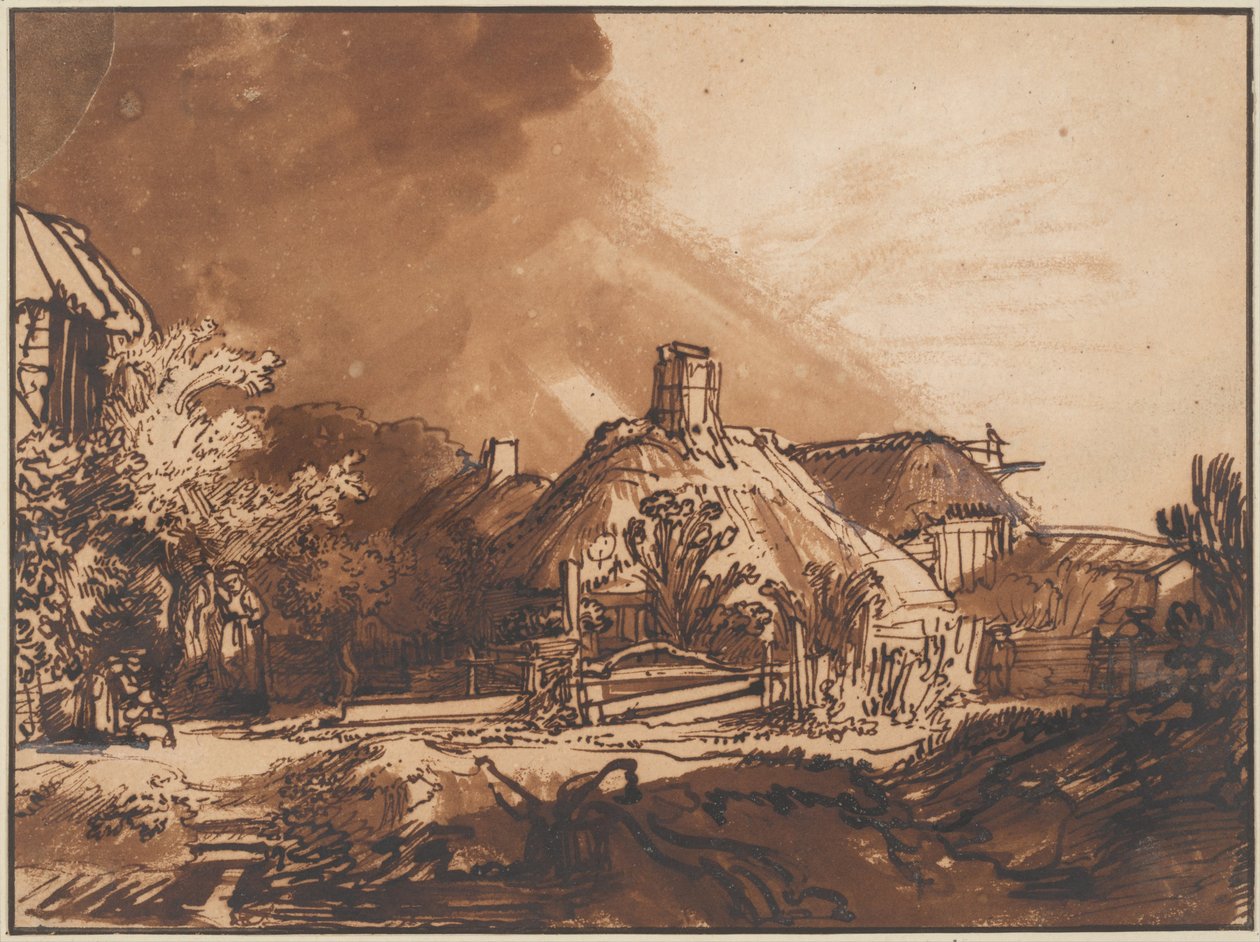 Hytter under en stormfuld himmel, ca. 1640 af Rembrandt van Rijn