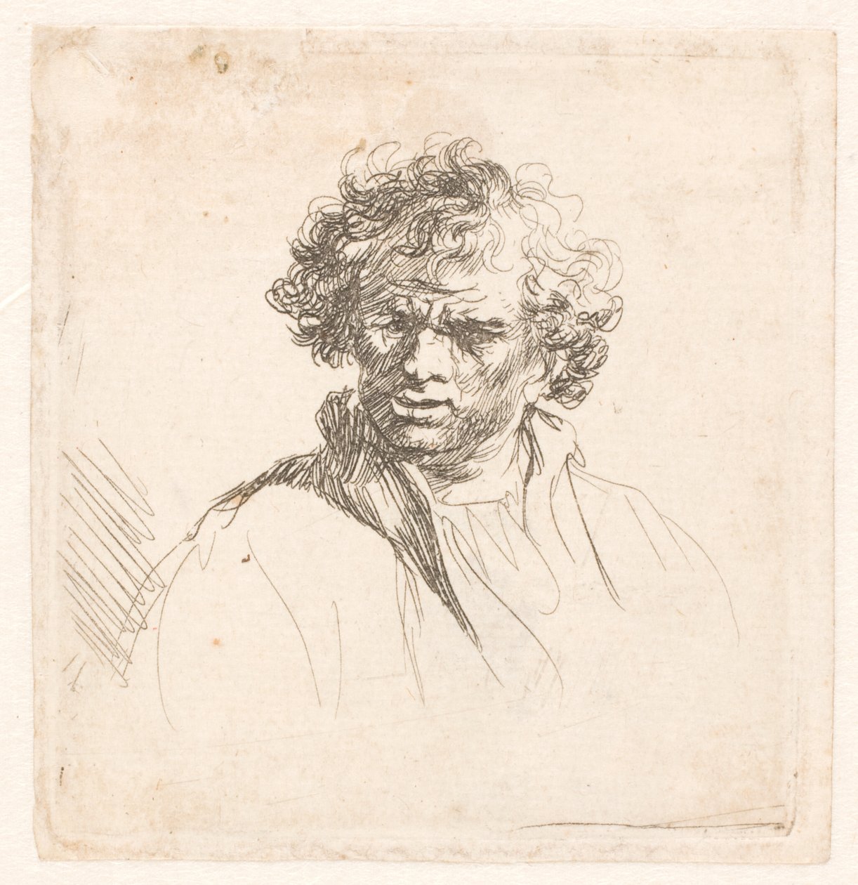 Krøllet mand med skæv mund af Rembrandt van Rijn