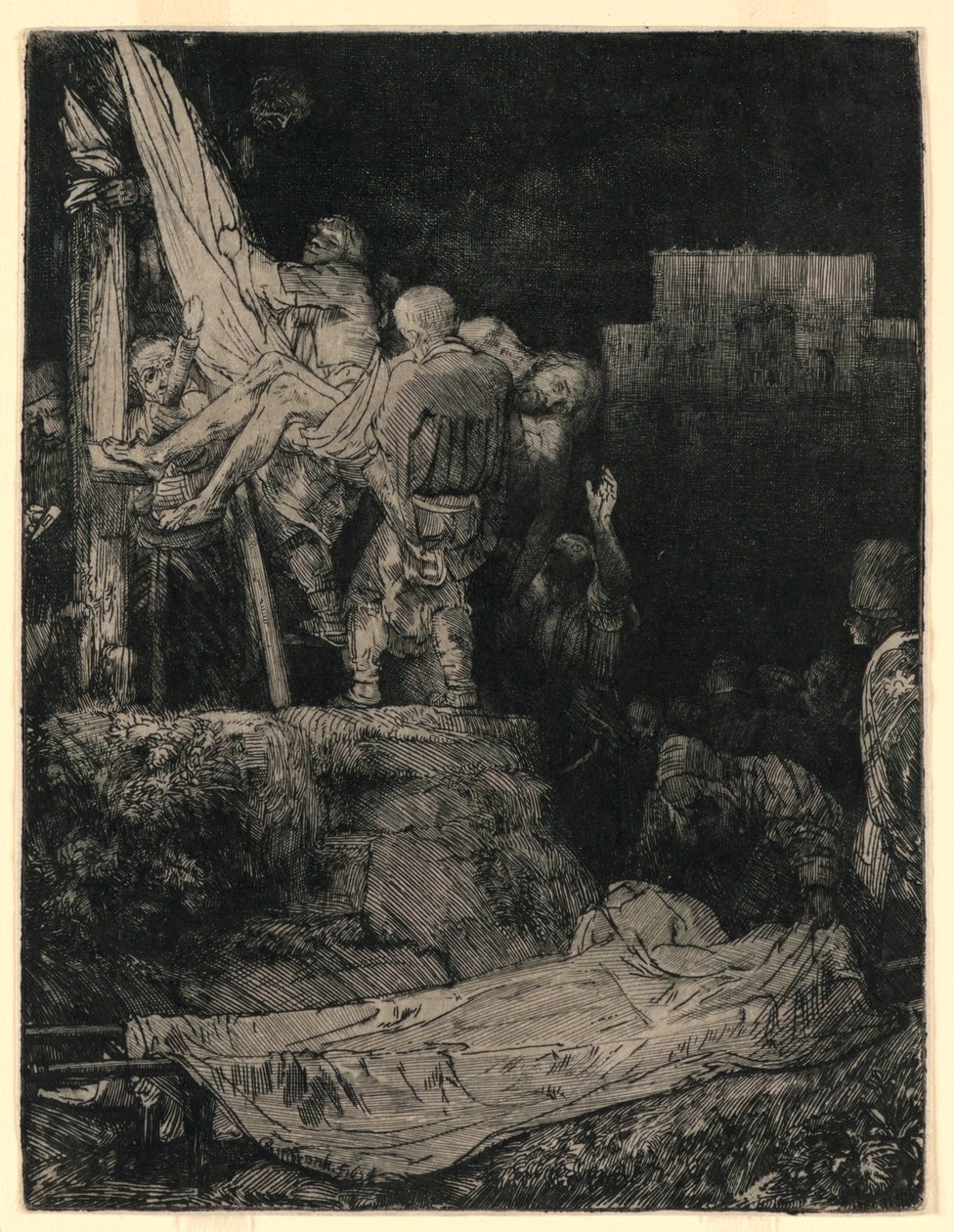 Nedstigning fra korset med fakkellys af Rembrandt van Rijn