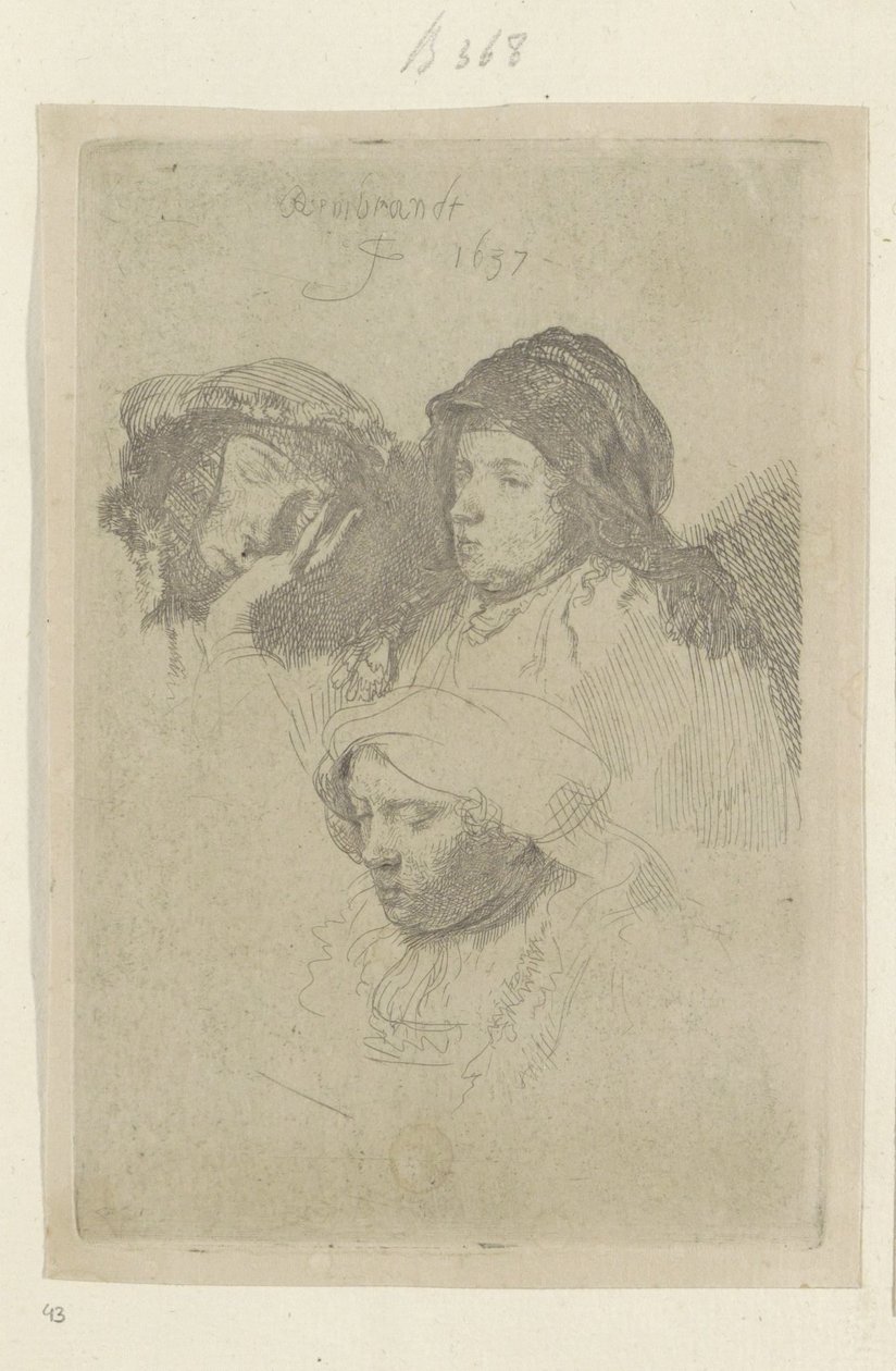 Tre kvindelige hoveder, et sover Recueil de quatre-vingt-cinq estampes originales (serietitel) af Rembrandt van Rijn