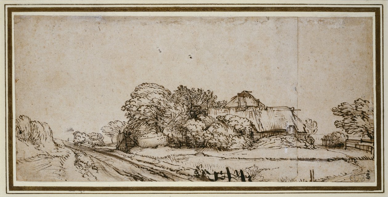 Gårdsbygninger ved siden af en vej (pen og brunt blæk med brun vask) af Rembrandt van Rijn