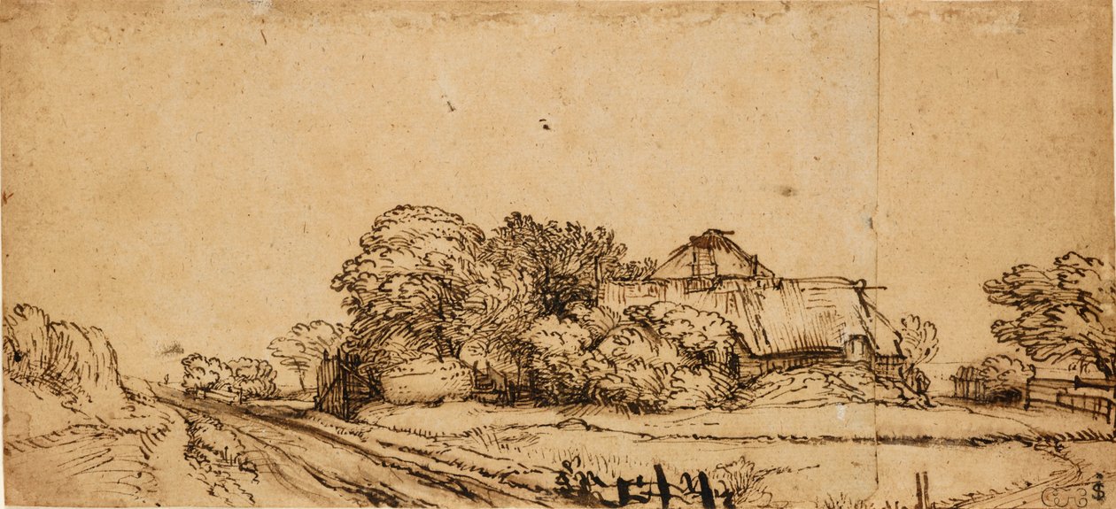 Gårdsbygninger ved siden af en vej, midten af 1600-tallet, af Rembrandt van Rijn