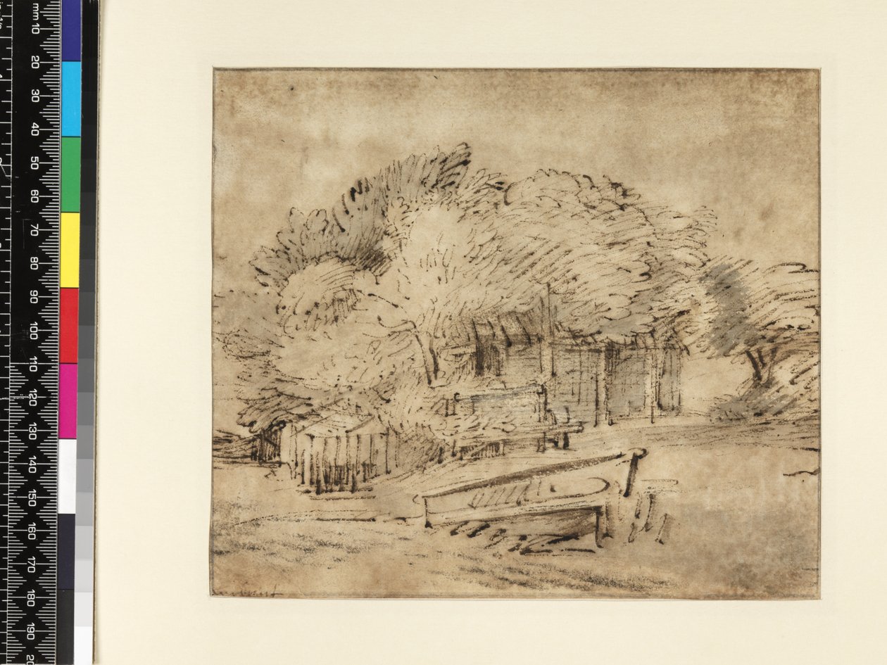 Bondegård under træer, med en gangbro, ca. 1650 (pen og blæk med vask på papir) af Rembrandt van Rijn