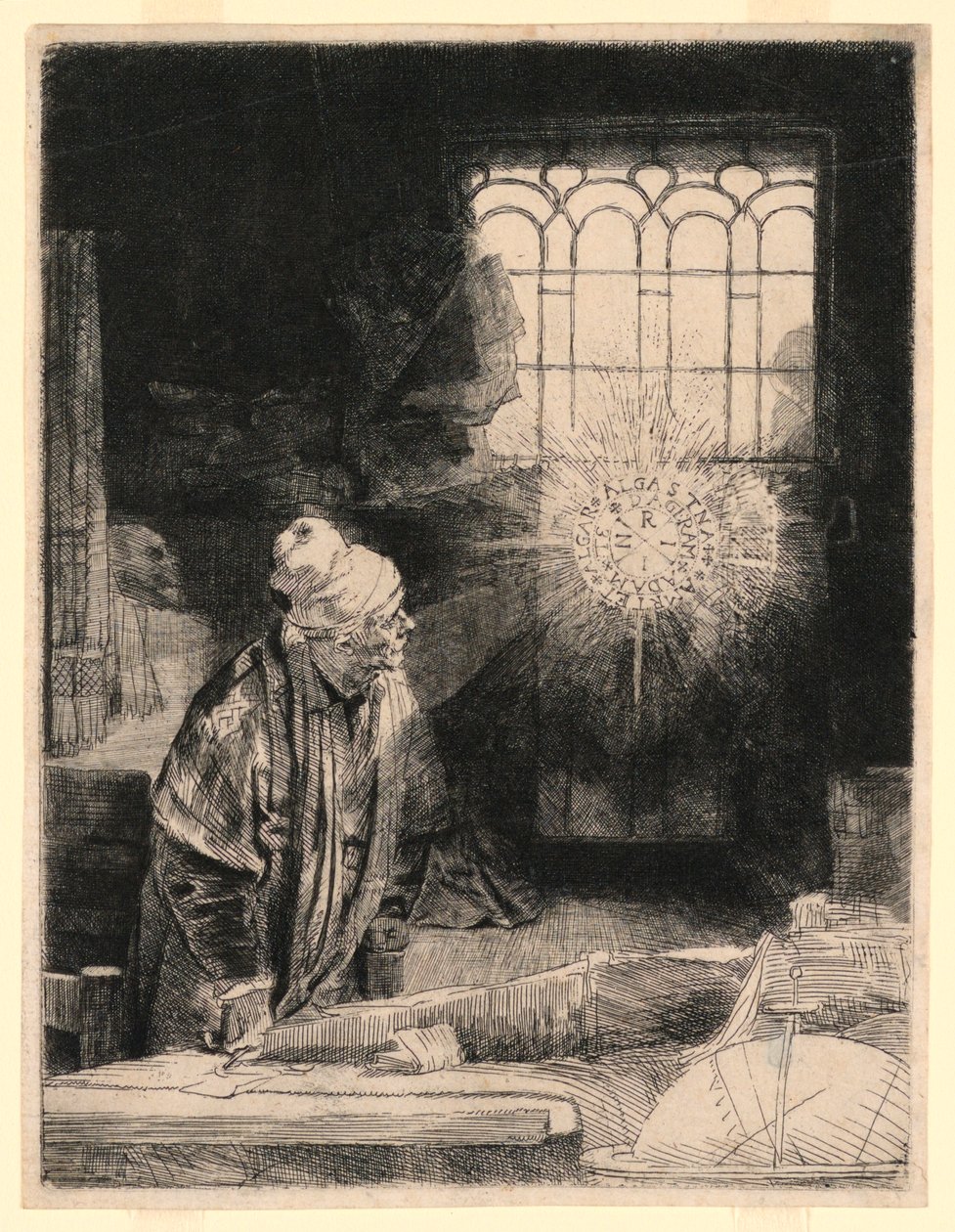 Faust i sit studie, ser på en magisk disk af Rembrandt van Rijn