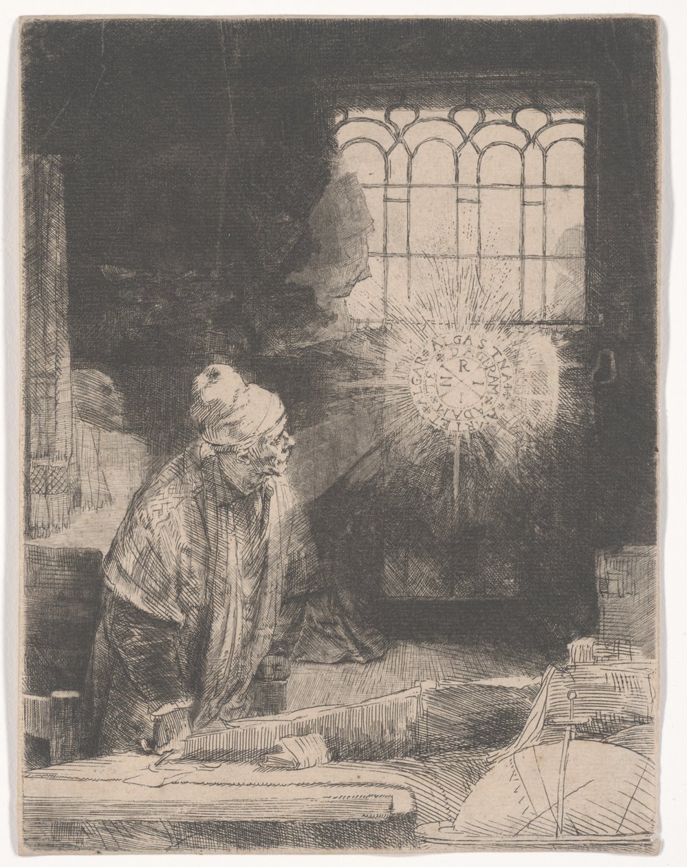 Faust i sit studie ser på en magisk skive, eller En lærd i sit studie, ca. 1652 af Rembrandt van Rijn