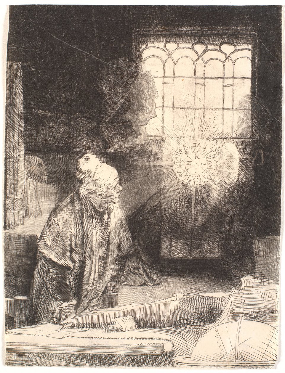Faust i sit arbejdsværelse, ser på en magisk disk (Dr. Faustus) af Rembrandt van Rijn