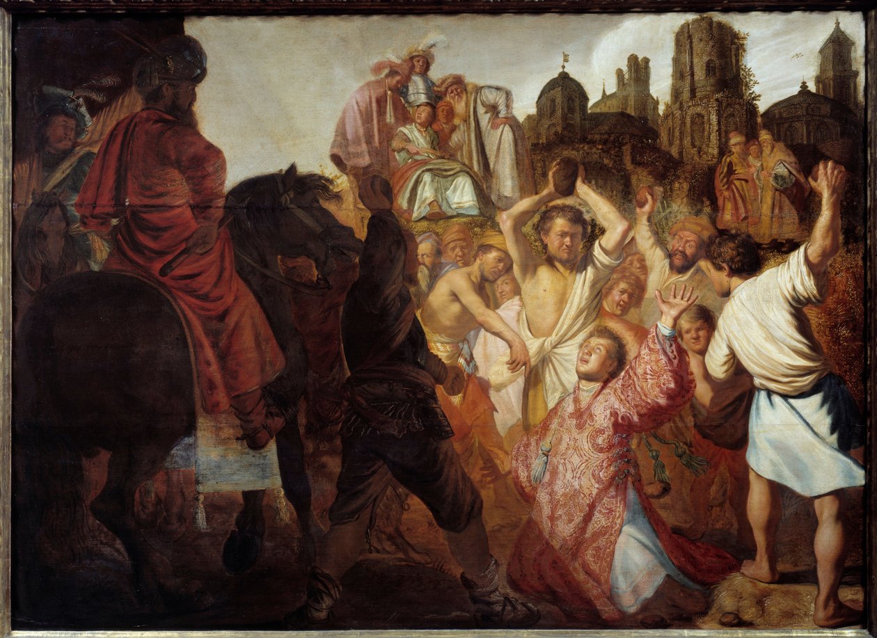 Første kristne martyr: "" Steningen af Saint Stephen"" Maleri af Harmensz Van Rijn Rembrandt (1606-1669) 1625 Søn. 0,89x1,23 m Lyon, Musee des Beaux Arts af Rembrandt van Rijn