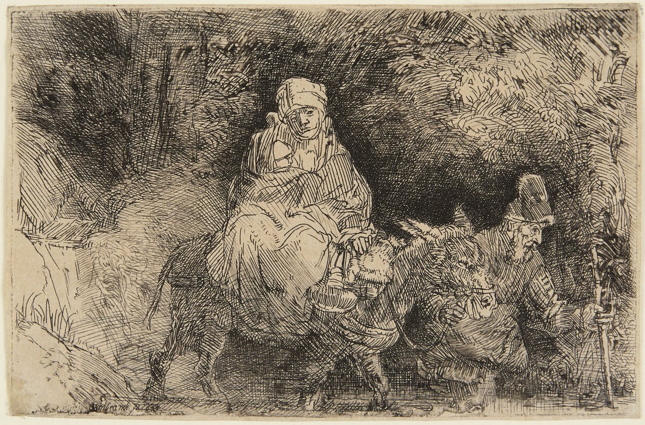 Flugten til Egypten: Den hellige familie krydser en bæk af Rembrandt van Rijn