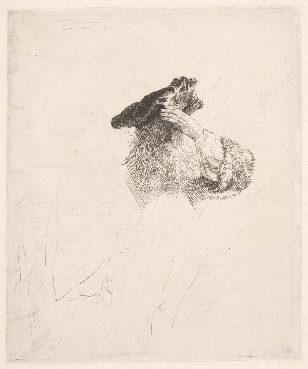 Gammel mand, der skygger med hånden for øjnene af Rembrandt van Rijn