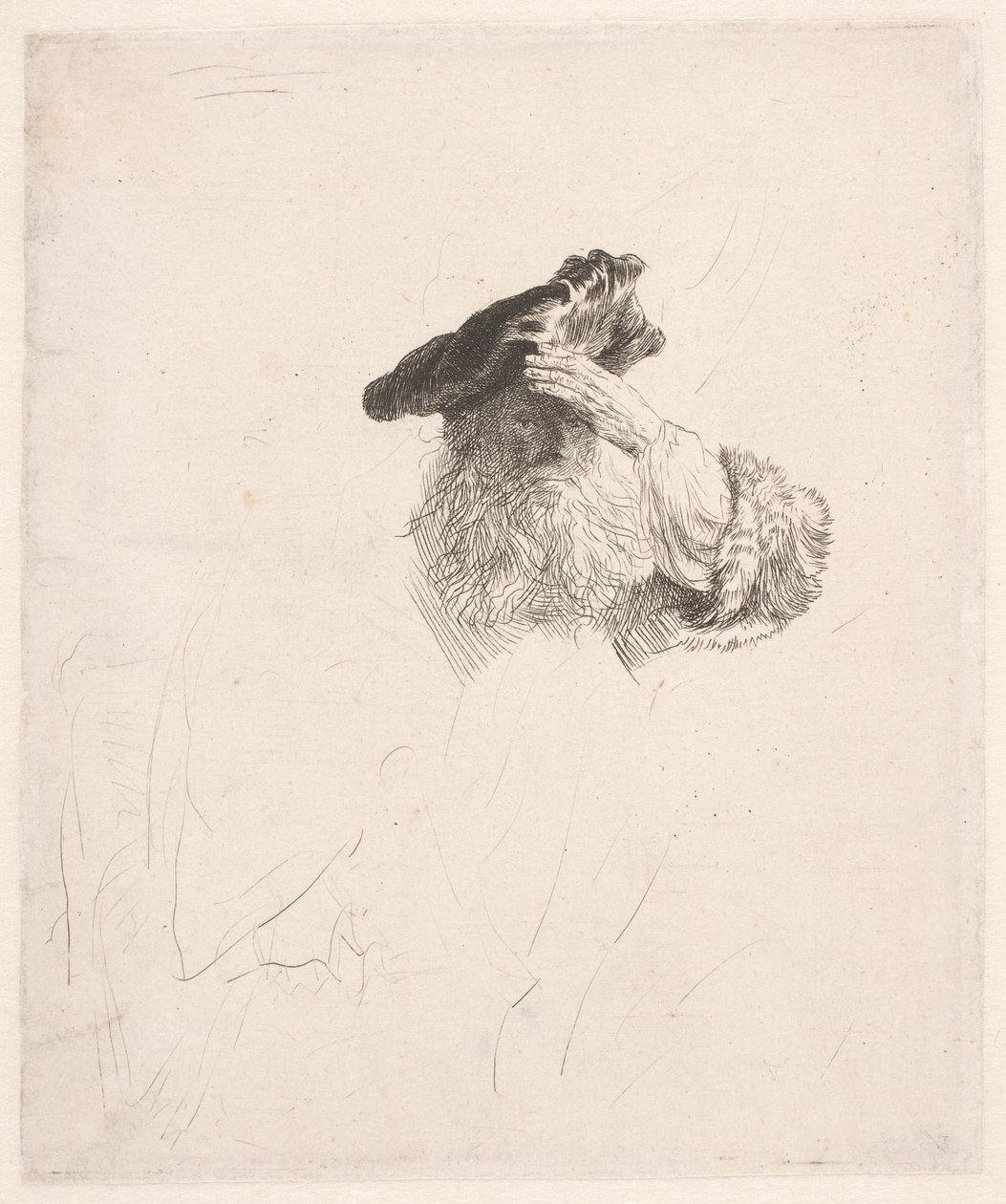 Gammel mand, der skygger med hånden for øjnene af Rembrandt van Rijn