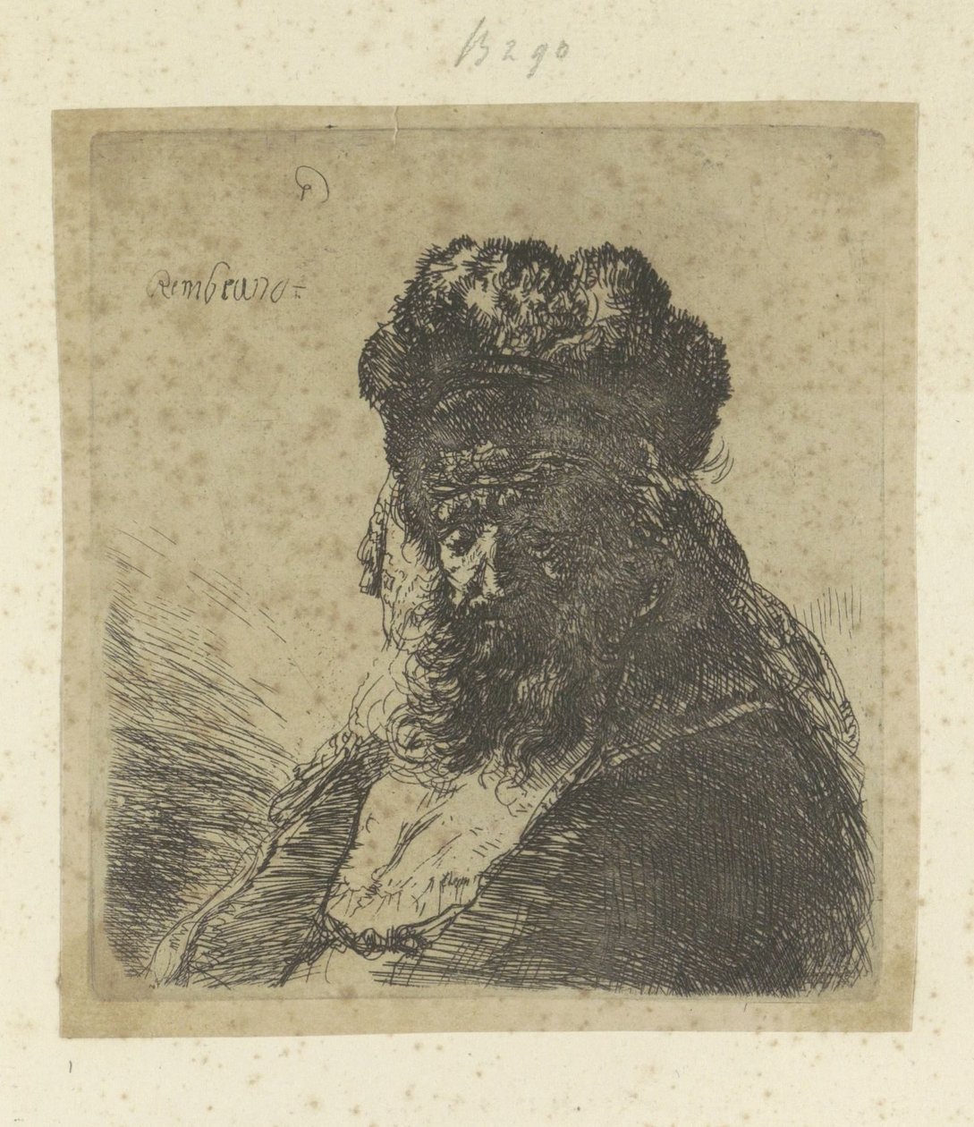 Skægget gammel mand med høj pelshat og lukkede øjne Recueil de quatre-vingt-cinq estampes originales (serietitel) af Rembrandt van Rijn