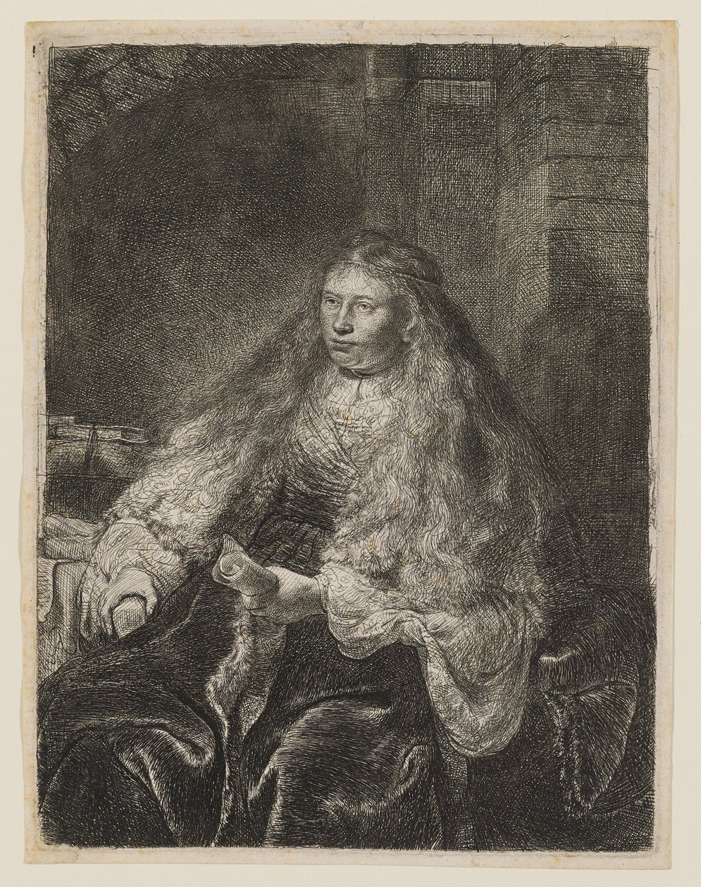 Pige med hår, der falder ned over skuldrene af Rembrandt van Rijn