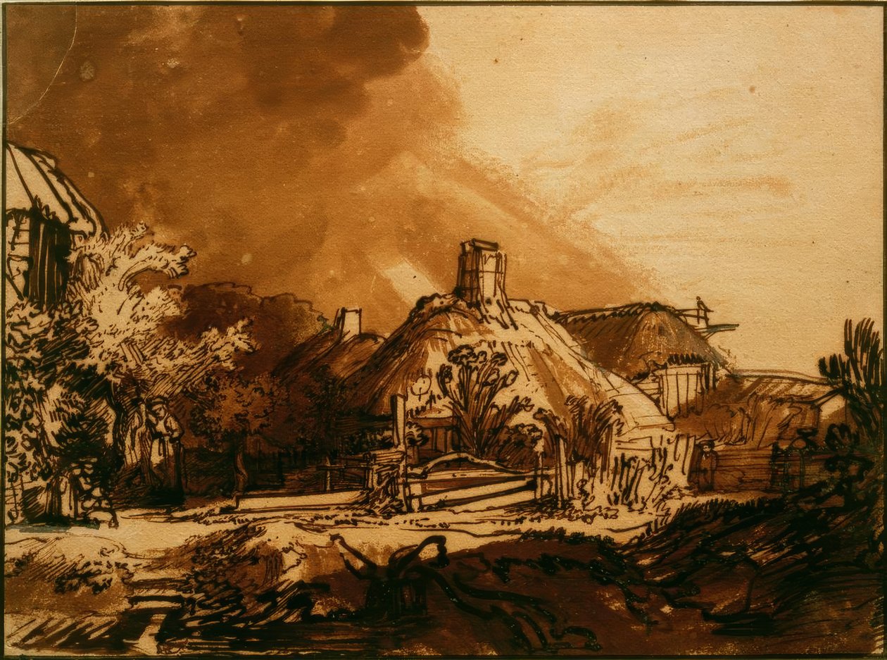 Huse under en stormfuld himmel af Rembrandt van Rijn