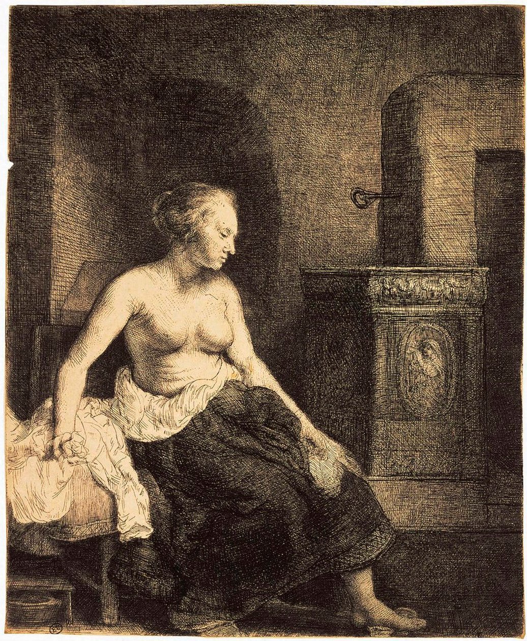 Halvnøgen kvinde ved et komfur, 1658. af Rembrandt van Rijn