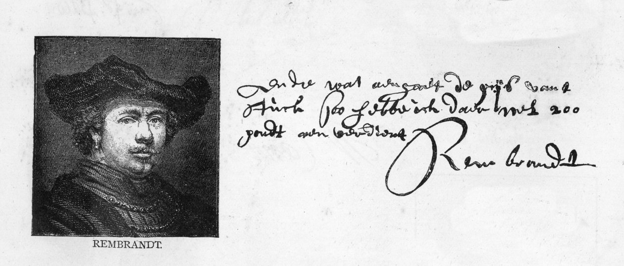 Rembrandts håndskrift og underskrift fra et brev til Constantine Huygens med anmodning om betaling af en skyldig pengesum, ca. 1640 af Rembrandt van Rijn