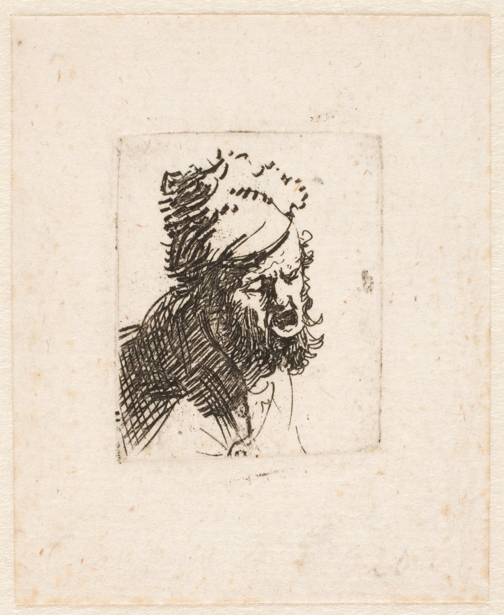 Hovedet af en mand med en pelshue, der råber af Rembrandt van Rijn
