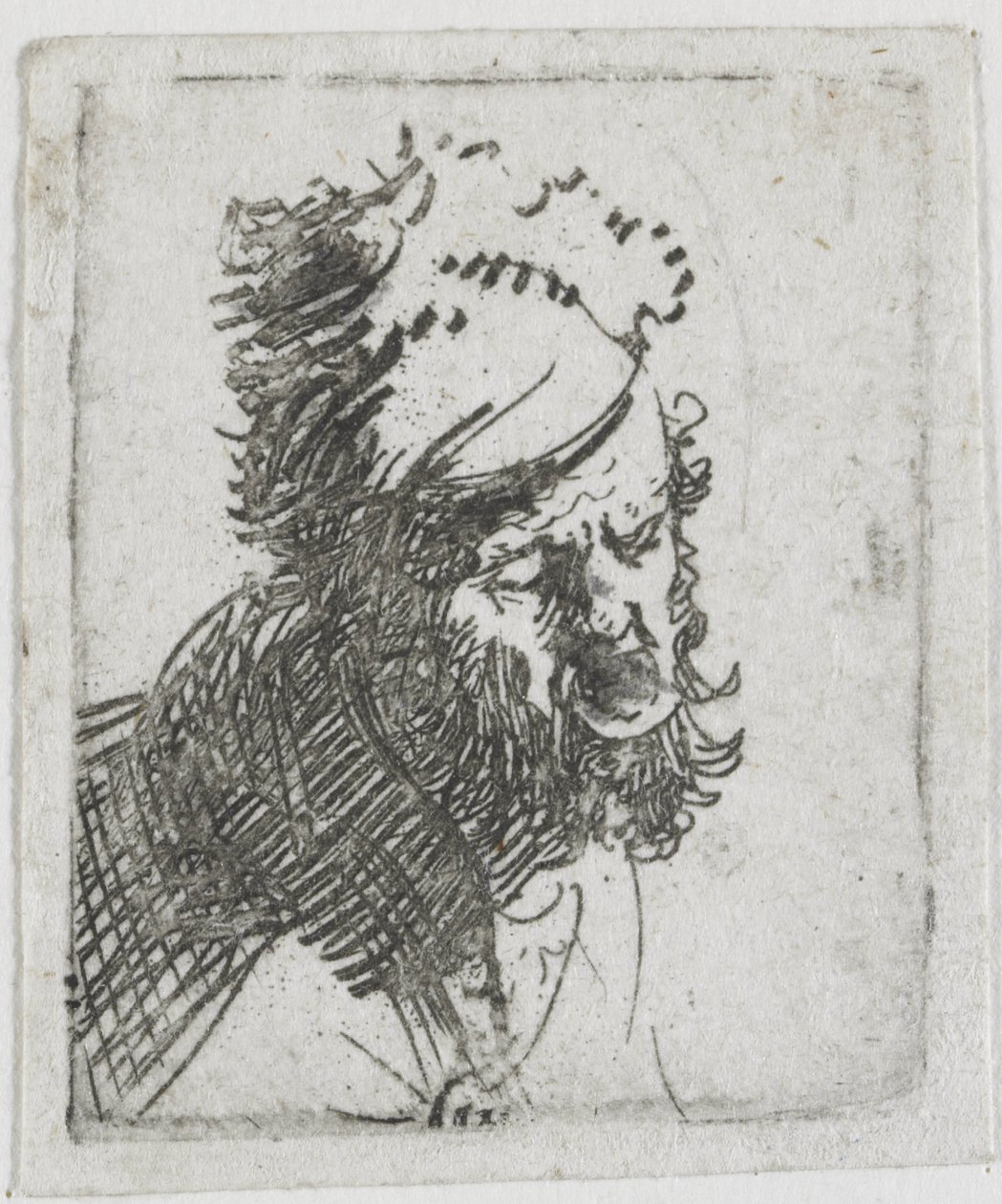 Hovedet af en mand med en pelshue, der råber af Rembrandt van Rijn