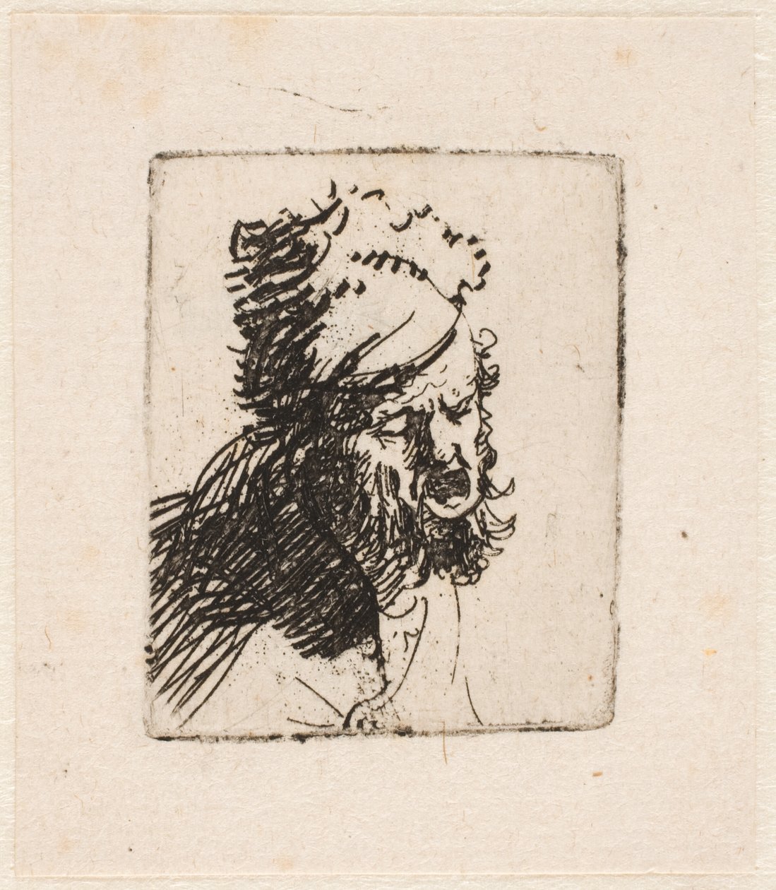 Hovedet af en mand med en pelshue, der råber af Rembrandt van Rijn