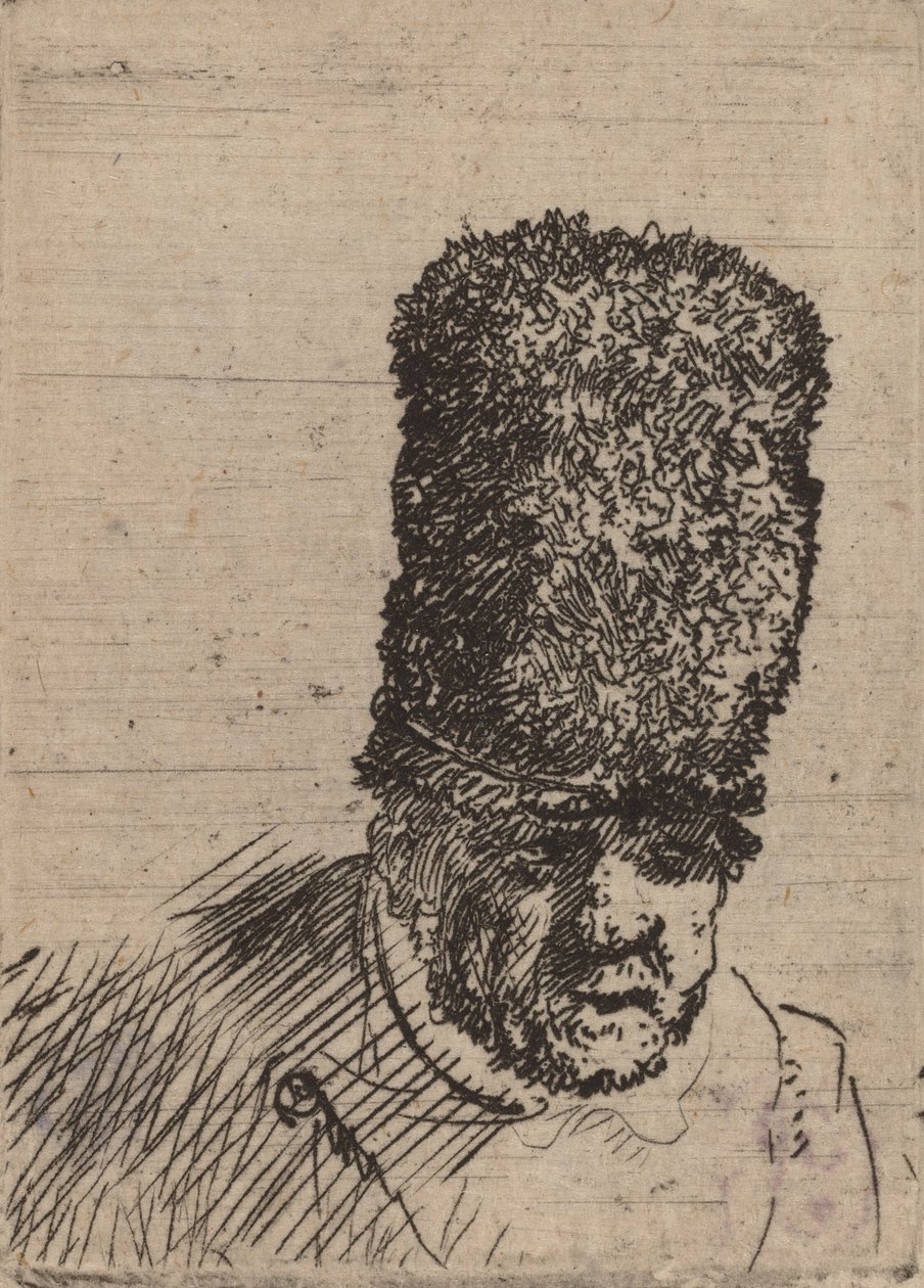 Hoved af en gammel mand i høj pelshue. af Rembrandt van Rijn