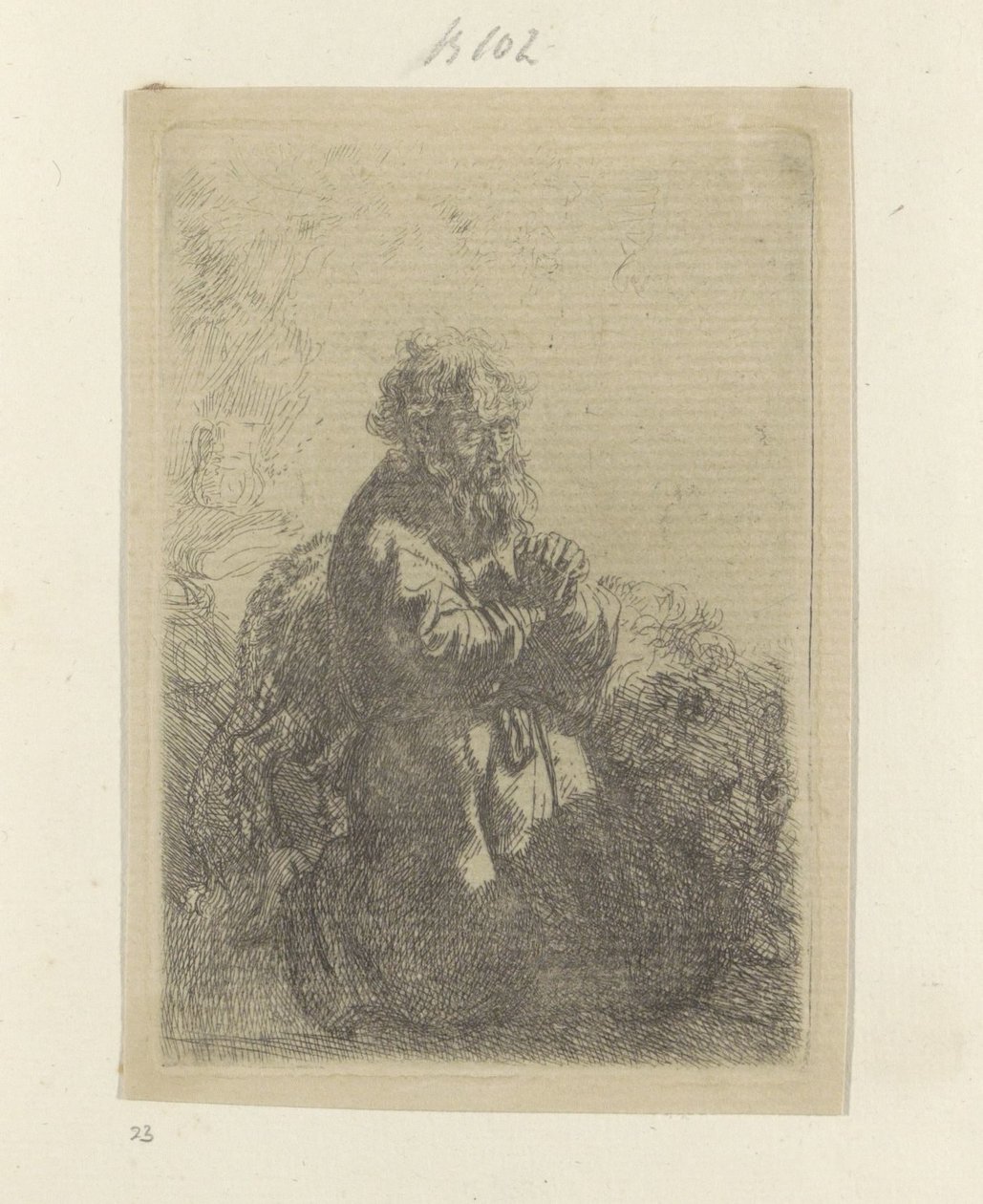 Jerome knæler i bøn og kigger ned Recueil de quatre-vingt-cinq estampes originales (serietitel) af Rembrandt van Rijn