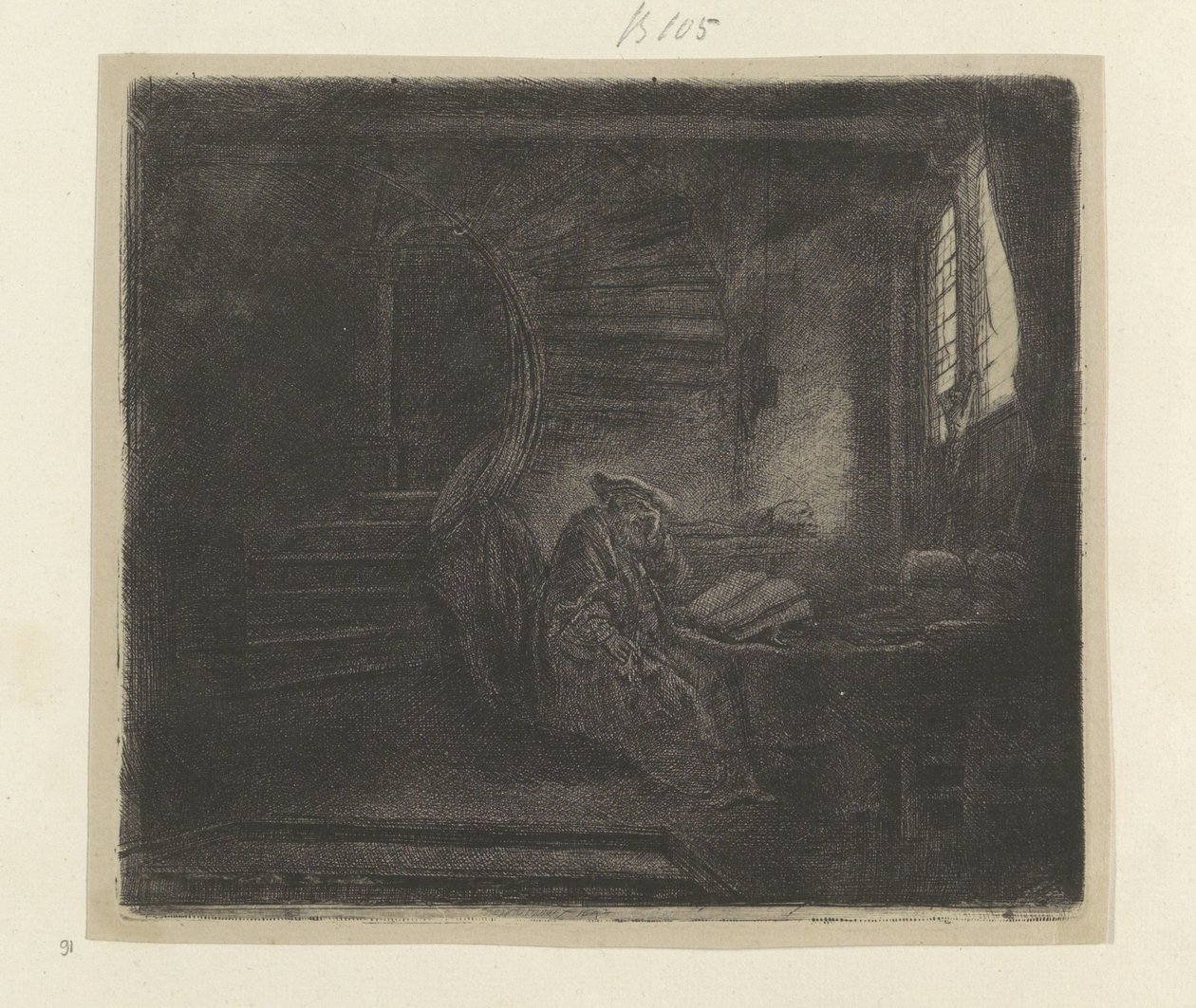 Hieronymus i en mørk studievertrek Samling af 85 originale tryk (serietitel) af Rembrandt van Rijn
