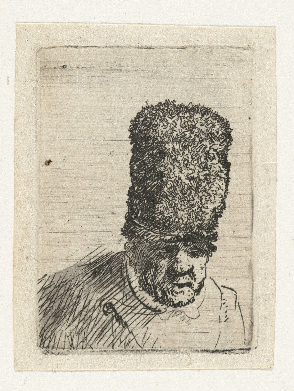 Hovedet af en gammel mand med en høj pelshat af Rembrandt van Rijn