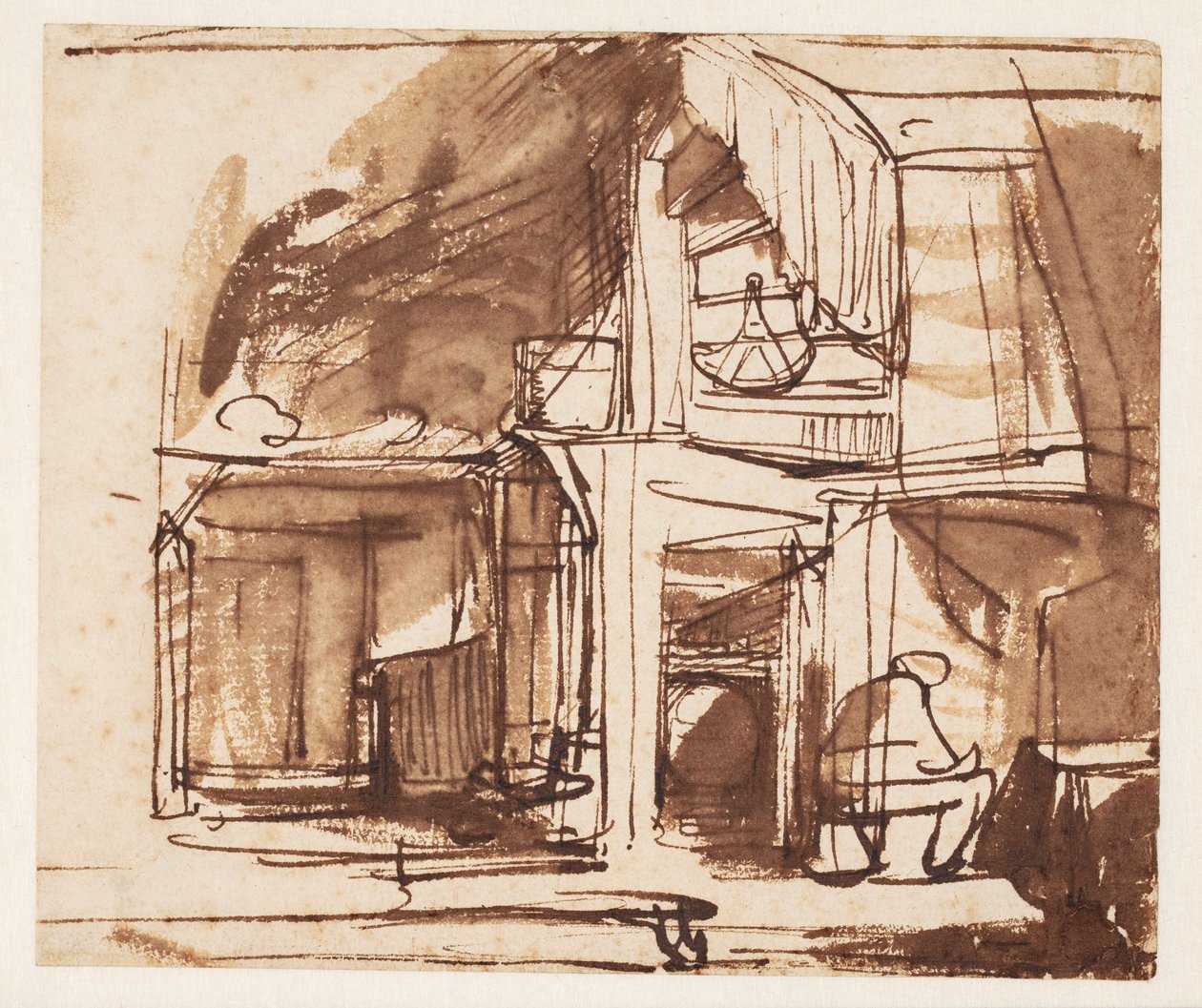Interiør med en Snoede Trappe og en Siddende Mand af Rembrandt van Rijn