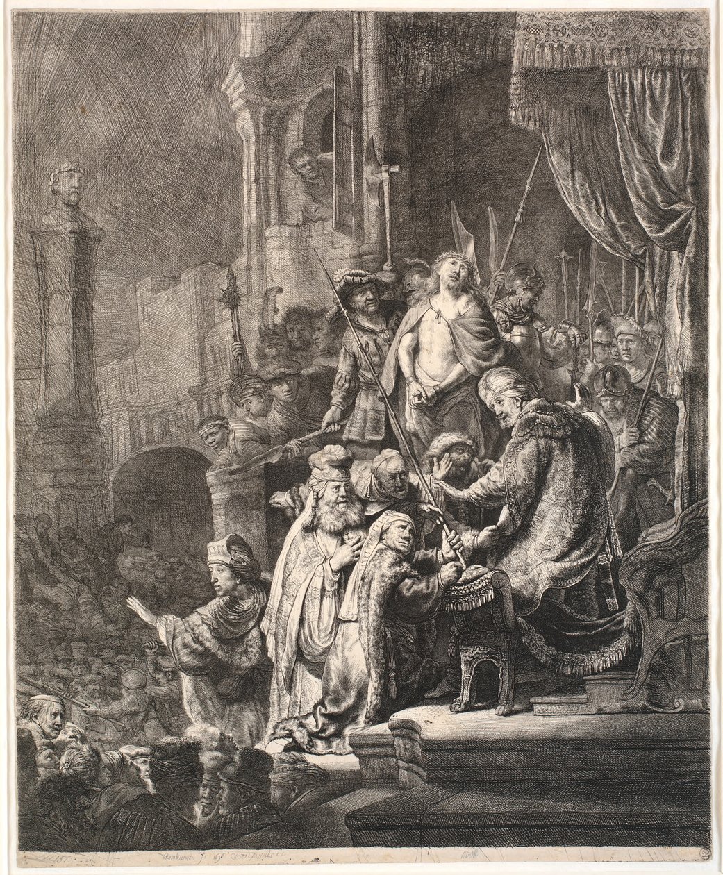 Jesus før Pilatus: stor tallerken af Rembrandt van Rijn