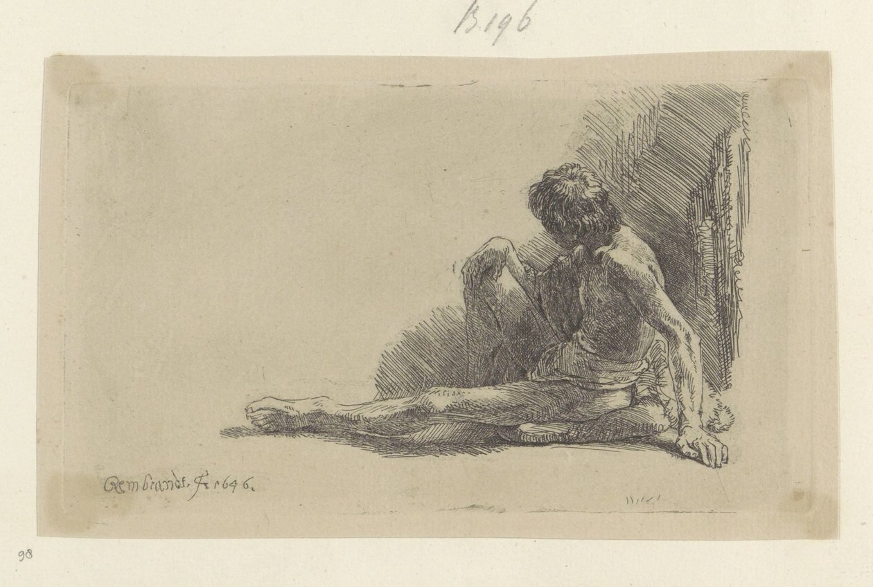 Ung mand sidder på gulvet med det ene ben strakt Recueil de quatre-vingt-cinq estampes originales (serietitel) af Rembrandt van Rijn