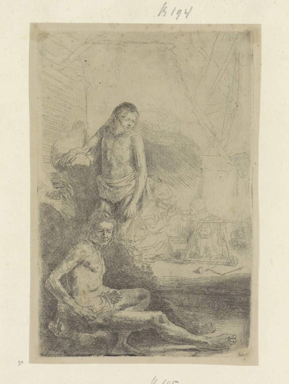 Ung mand sidder og står Recueil de quatre-vingt-cinq estampes originales (serietitel) af Rembrandt van Rijn