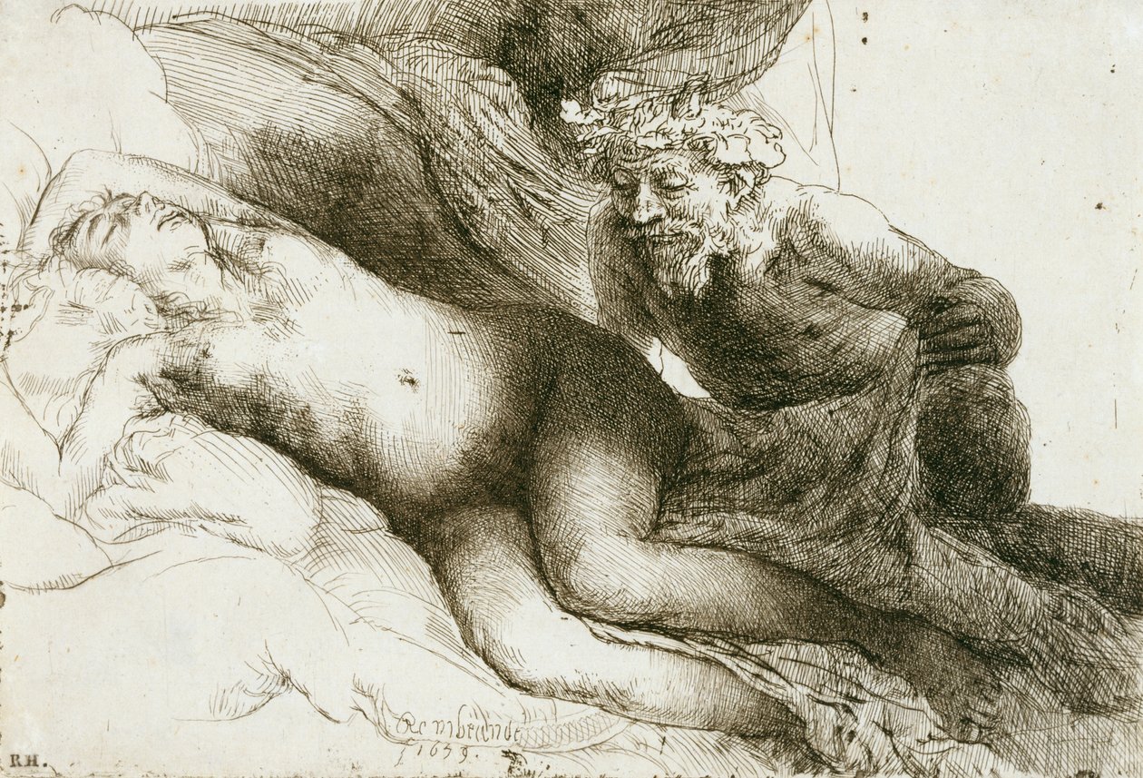 Jupiter og Antiope, 1659 (ætsning med burin & drypoint) af Rembrandt van Rijn