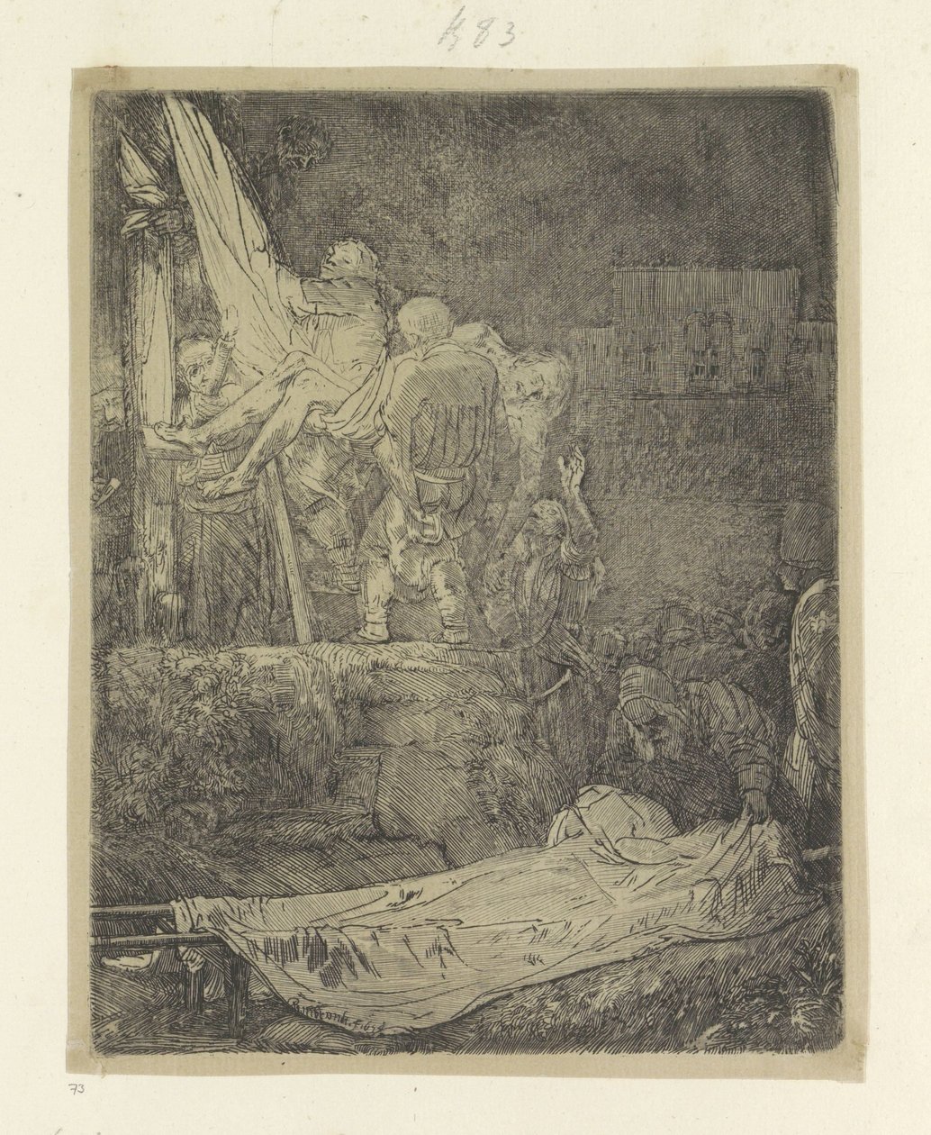 Nedstigning fra korset med fakkellys Recueil de quatre-vingt-cinq estampes originales (serietitel) af Rembrandt van Rijn