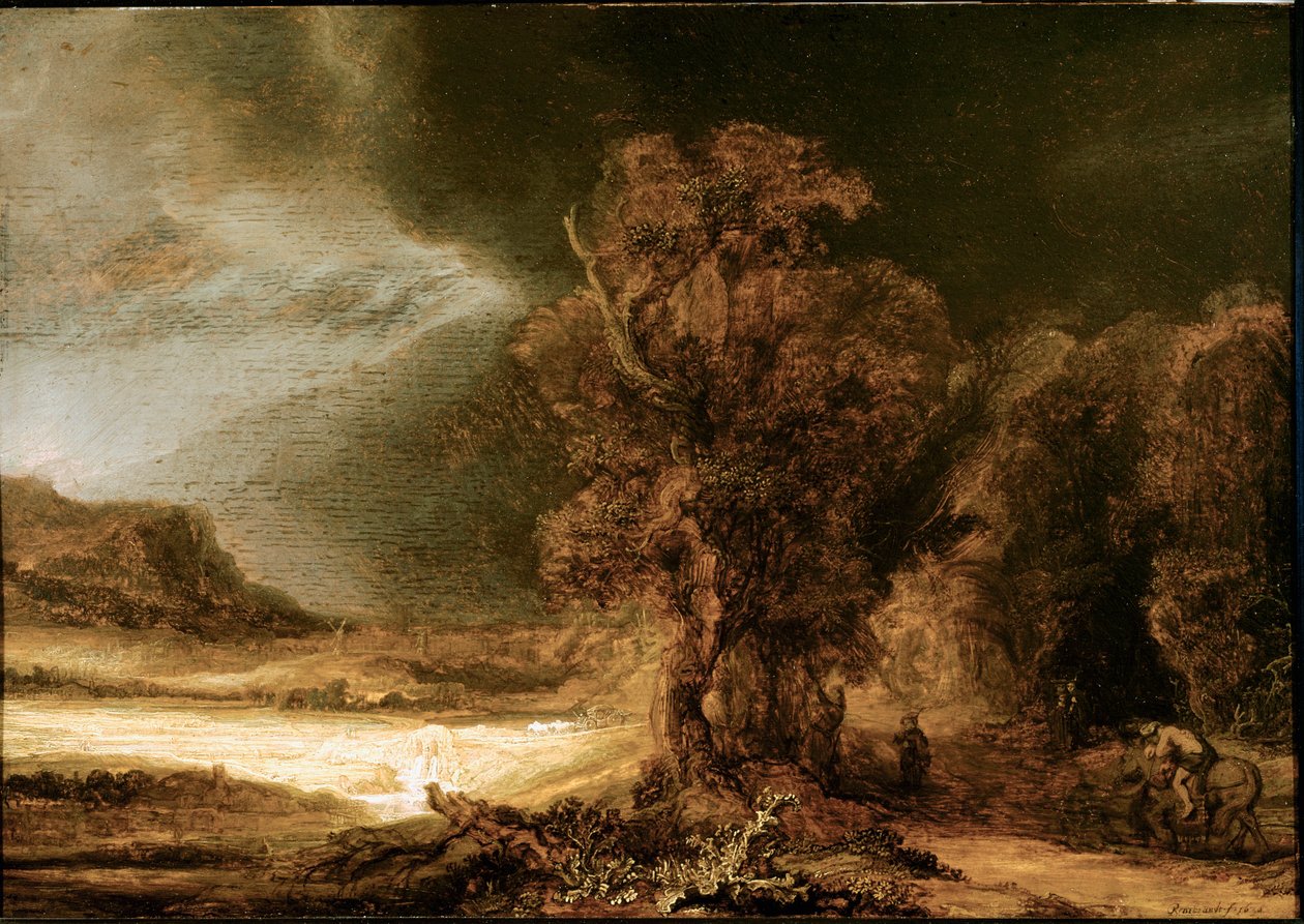 Landskab ved det barmhjertige samaritanske maleri af Harmenszoon van Rijn dit Rembrandt (1606-1669) 1638 Søn. 46,5x66 cm Czartoryski Museum, Krakow, Polen af Rembrandt van Rijn
