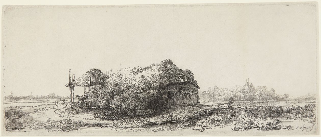Landskab med hytter og en høstak af Rembrandt van Rijn