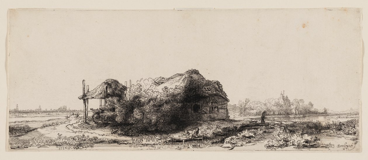 Landskab med hytter og en hølade: Aflang af Rembrandt van Rijn